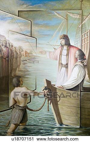 Stock Image - Murals of Christopher Columbus' story were painted by Vazquez Diaz and displayed at the 15th-century Franciscan Monasterio de Santa María de la Rábida, Palos de la Frontera, a Heritage of Mankind Site in the Huelva Provence of Andalucia and Southern Spain. Fotosearch