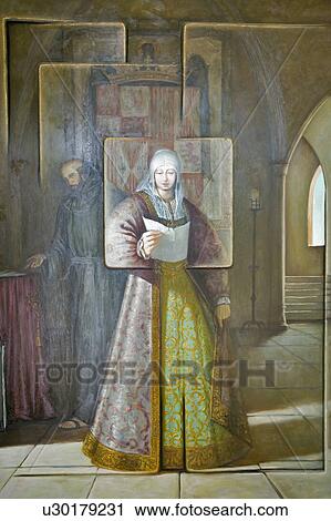 Stock Image - Murals of Christopher Columbus' story were painted by Vazquez Diaz and displayed at the 15th-century Franciscan Monasterio de Santa María de la Rábida, Palos de la Frontera, a Heritage of Mankind Site in the Huelva Provence of Andalucia and Southern Spain. Fotosearch