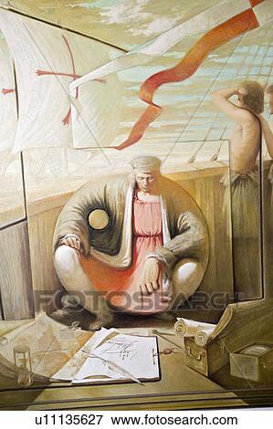 Stock Photo - Murals of Christopher Columbus' story were painted by Vazquez Diaz and displayed at the 15th-century Franciscan Monasterio de Santa María de la Rábida, Palos de la Frontera, a Heritage of Mankind Site in the Huelva Provence of Andalucia and Southern Spain. Fotosearch