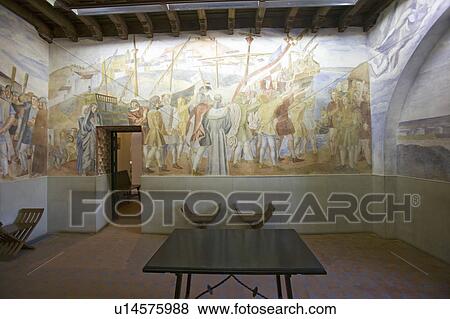 Murals of Christopher Columbus' story were painted by Vazquez Diaz and displayed at the 15th-century Franciscan Monasterio de Santa María de la Rábida, Palos de la Frontera, a Heritage of Mankind Site in the Huelva Provence of Andalucia and Southern Spain View Large Photo Image Stock Photo - Murals of Christopher Columbus' story were painted by Vazquez Diaz and displayed at the 15th-century Franciscan Monasterio de Santa María de la Rábida, Palos de la Frontera, a Heritage of Mankind Site in the Huelva Provence of Andalucia and Southern Spain. Fotosearch
