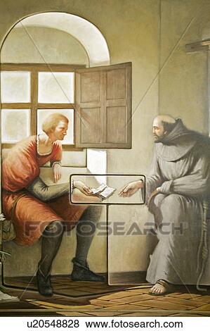 Murals of Christopher Columbus' story were painted by Vazquez Diaz and displayed at the 15th-century Franciscan Monasterio de Santa María de la Rábida, Palos de la Frontera, a Heritage of Mankind Site in the Huelva Provence of Andalucia and Southern Spain View Large Photo Image Stock Photo - Murals of Christopher Columbus' story were painted by Vazquez Diaz and displayed at the 15th-century Franciscan Monasterio de Santa María de la Rábida, Palos de la Frontera, a Heritage of Mankind Site in the Huelva Provence of Andalucia and Southern Spain. Fotosearch