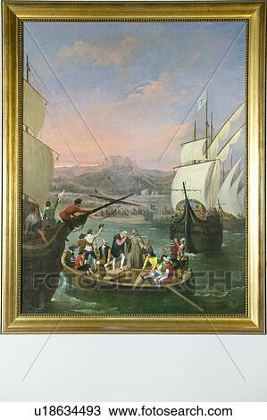 Stock Image - Painting "The Departure from La Rabida" by Cabral Bejarano, depicts the departure of Christopher Columbus to the New World, as seen at the 15th-century Franciscan Monasterio de Santa María de la Rábida, Palos de la Frontera, the Huelva Provence of Andaluc. Fotosearch
