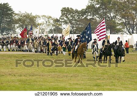 Patriot soldiers march to Surrender Field as part of the 225th Anniversary of the Victory at Yorktown, a reenactment of the siege of Yorktown, where General George Washington commanded 17, 600 American troops and French Comte de Rochambeau lead 5500 French View Large Photo Image Stock Photography - Patriot soldiers march to Surrender Field as part of the 225th Anniversary of the Victory at Yorktown, a reenactment of the siege of Yorktown, where General George Washington commanded 17, 600 American troops and French Comte de Rochambeau lead 5500 French. Fotosearch