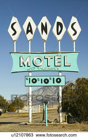Stock Image - Sands Motel sign with RV Parking for $10, located at the intersection of Route 54 & 380 in Carrizozo, New Mexico. Fotosearch