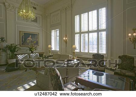 Stock Image - Sitting area of historic Mayflower Hotel, Washington D. C.. Fotosearch