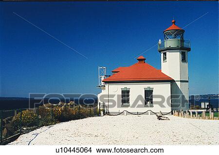 Picture - lighthouse located at Alki Point, Washington. Fotosearch