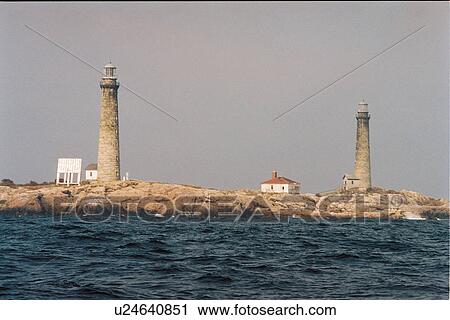 Stock Image - lighthouse located at Thachers Island, Massachusetts, United States. Fotosearch