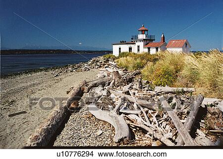 Picture - lighthouse located at West Point, Washington. Fotosearch