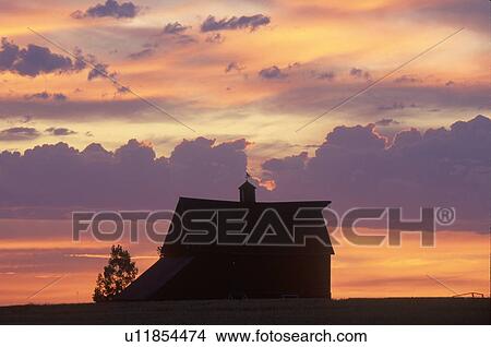 Picture - Barn at sunset in silhouette. Fotosearch