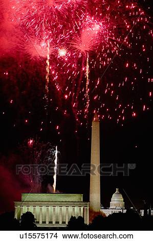 Fireworks exploding over the Lincoln Memorial, Washington Monument and U. S. Capitol, Washington D. C. View Large Photo Image Picture - Fireworks exploding over the Lincoln Memorial, Washington Monument and U. S. Capitol, Washington D. C.. Fotosearch