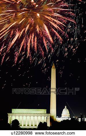 Fourth of July celebration with fireworks exploding over the Lincoln Memorial, Washington Monument and U. S. Capitol, Washington D. C. View Large Photo Image Stock Photo - Fourth of July celebration with fireworks exploding over the Lincoln Memorial, Washington Monument and U. S. Capitol, Washington D. C.. Fotosearch