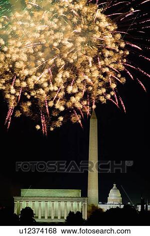 Fourth of July celebration with fireworks exploding over the Lincoln Memorial, Washington Monument and U. S. Capitol, Washington D. C. View Large Photo Image Stock Photo - Fourth of July celebration with fireworks exploding over the Lincoln Memorial, Washington Monument and U. S. Capitol, Washington D. C.. Fotosearch