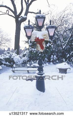 Snow covered lampposts and Christmas Decor with fresh snow View Large Photo Image Stock Photo - Snow covered lampposts and Christmas Decor with fresh snow. Fotosearch