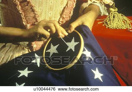 Stock Photograph - Living history reenactment of making of first American flag, Philadelphia, Pennsylvania. Fotosearch
