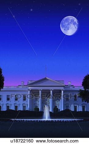 Stock Image - Digital composite: The White House, Washington D. C. and full moon. Fotosearch