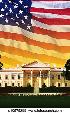 Stock Photo - Digital composite: The White House with American flag. Fotosearch
