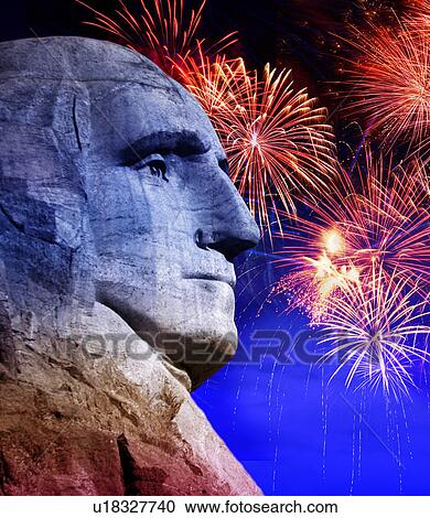 Stock Image - George Washington at Mt. Rushmore, South Dakota with fireworks. Fotosearch