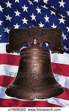 Stock Image - Liberty Bell with American flag. Fotosearch