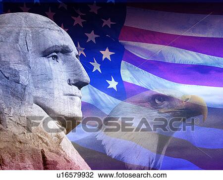 Stock Image - Photo montage: American eagle, George Washington and American flag. Fotosearch