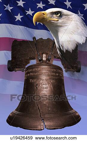 Stock Photo - Photo montage: Liberty Bell, American eagle, American flag. Fotosearch