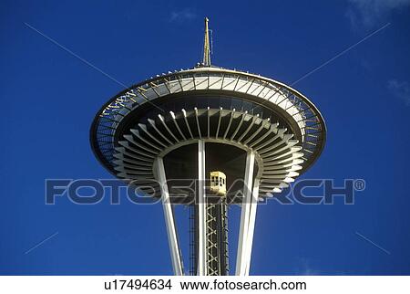 Picture - Space Needle in Seattle, WA against blue sky. Fotosearch