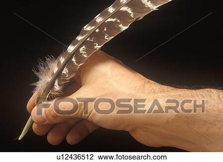 Stock Image - Hand holding quill pen, such as the once used for signing Declaration of Independence. Fotosearch