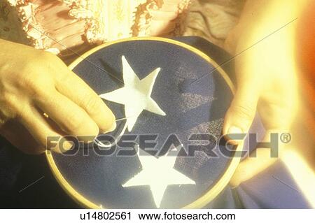 Stock Image - Living history reenactment of making of first American flag. Fotosearch