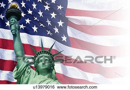 Stock Photograph - Digital composite: American flag and the Statue of Liberty. Fotosearch