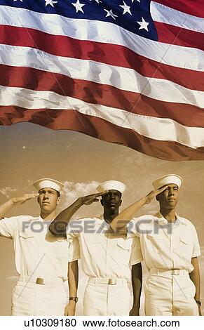 Stock Image - Digital composite: Ethnically diverse American sailors and American flag. Fotosearch