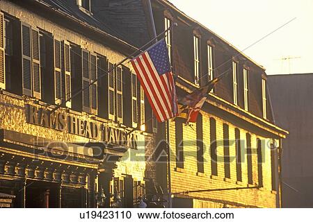 Stock Image - Rams Head Tavern at Sunset, Annapolis, Maryland. Fotosearch