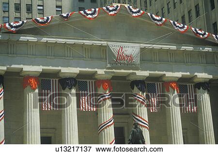 Stock Photo - U. S. Federal Hall decorated for Liberty Weekend. Fotosearch