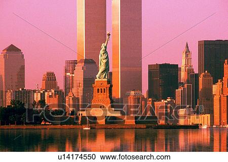 Stock Image - World Trade Center behind Statue of Liberty. Fotosearch
