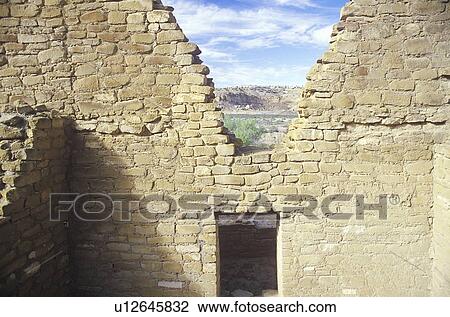 Stock Image - Adobe walls and doorway, circa 1060 AD, Chaco Canyon Indian ruins, The Center of Indian Civilization. Fotosearch