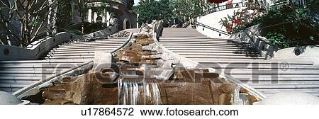 Stock Image - Panoramic view of stairs and waterfall in downtown Los Angeles. Fotosearch