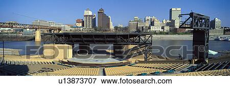 Stock Photo - Amphitheatre on island in middle of Mississippi River looking at Memphis, TN skyline. Fotosearch