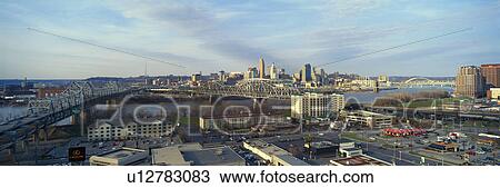 Stock Image - Panoramic afternoon shot of Cincinnati skyline, Ohio and Ohio River. Fotosearch