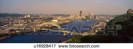 Stock Photo - Panoramic morning view of Pittsburgh, PA with West End Bridge, and Allegheny, Monongahela and Ohio Rivers. Fotosearch