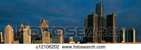 Stock Image - Panoramic sunrise view of Detroit. Fotosearch