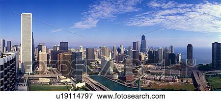 Stock Photo - Panoramic view of Chicago River and Chicago skyline. Fotosearch