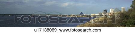 Stock Photo - Panoramic view of Mississippi River with Bridge and Pyramid Sports Arena. Fotosearch