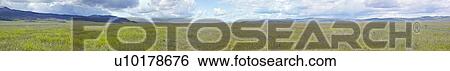 Stock Photograph - Panoramic view of spring grasslands and mountains in Centennial Valley. Fotosearch