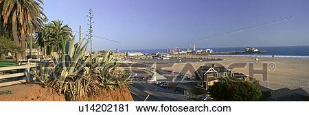 Stock Image - Santa Monica, overlooking the beach and Santa Monica Pier. Fotosearch
