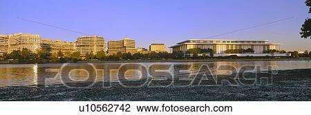 Stock Image - Kennedy Center and Watergate Hotel across Potomac River. Fotosearch