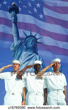 Stock Image - Ethnically diverse American sailors, American flag, Statue of Liberty. Fotosearch