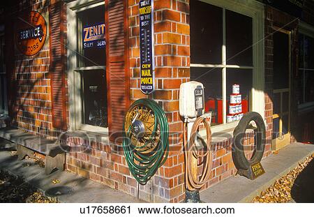 Stock Image - Antique historic gas station. Fotosearch