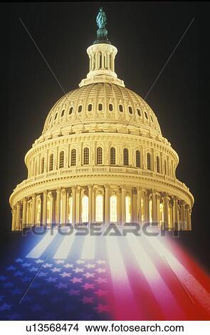 Picture - Composite of an illuminated American Flag and United States Capitol Building. Fotosearch