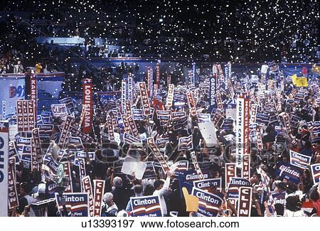 Stock Photo - Delegates cheer for Clinton's nomination at the 1992 Democratic National Convention. Fotosearch