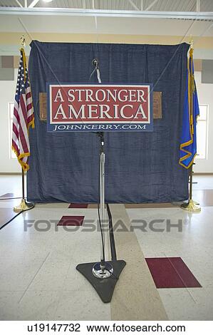 Stock Image - Empty stage and microphone at Kerry Campaign rally. Fotosearch