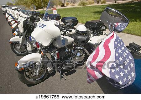 Unmanned police motorcycles View Large Photo Image Stock Photograph - Unmanned police motorcycles. Fotosearch