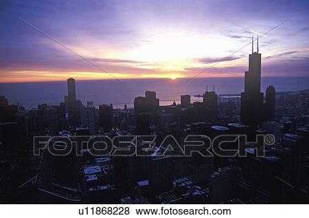 Chicago Skyline at Sunrise View Large Photo Image Stock Photo - Chicago Skyline at Sunrise. Fotosearch